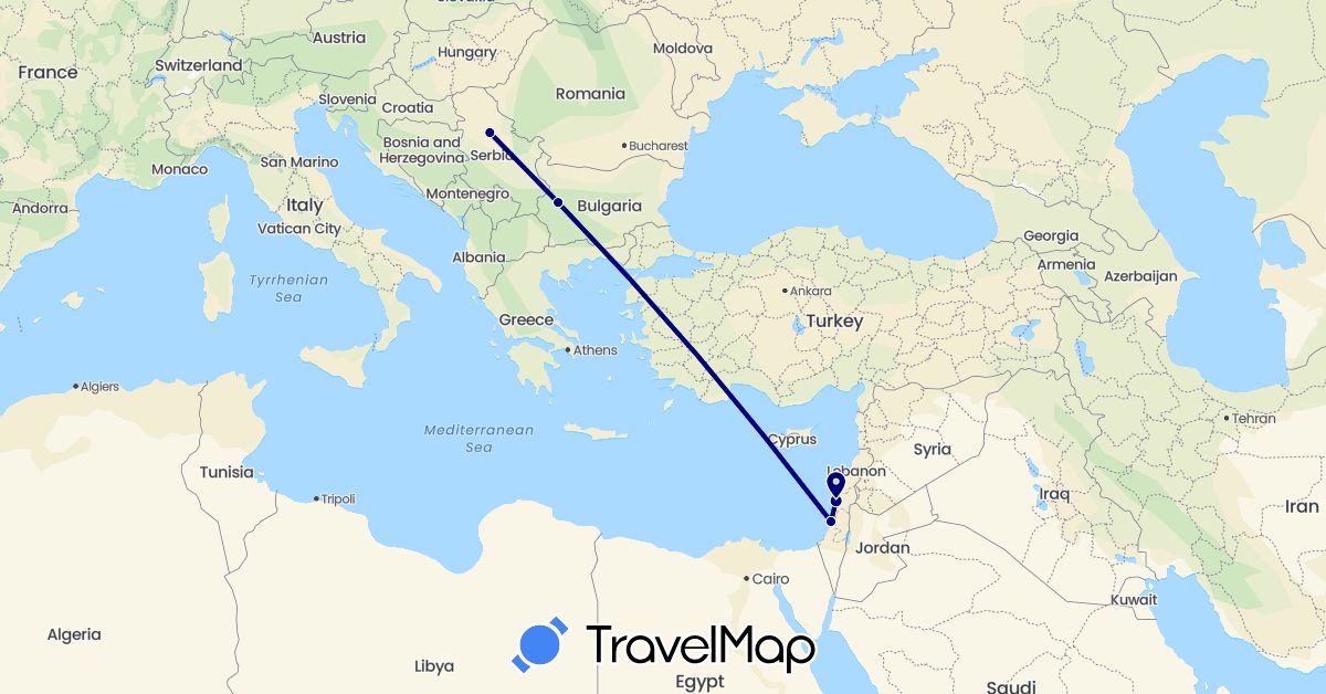 TravelMap itinerary: driving in Bulgaria, Israel, Serbia (Asia, Europe)
